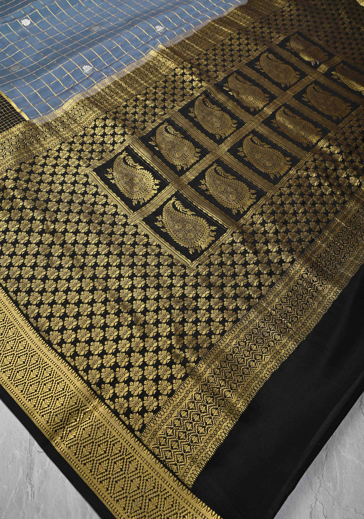 Blue-Gray Zari Checks on Pure Mysore Silk saree Floral Zari Motifs And Podi Kattam Border in KSIC Grade Thickness | SILK MARK CERTIFIED