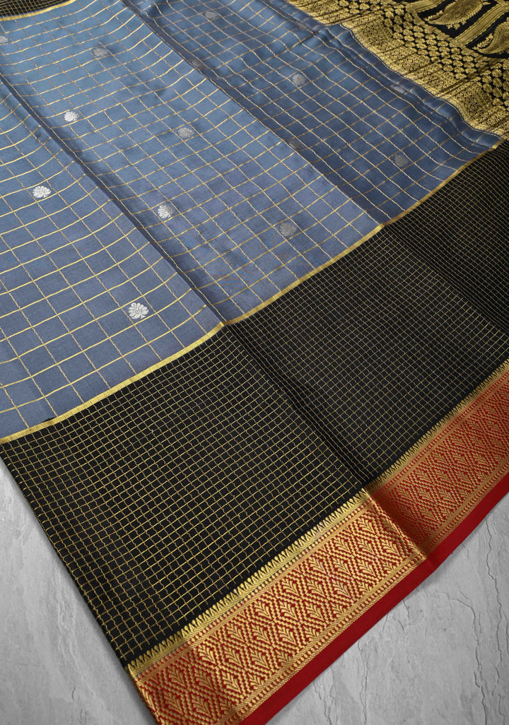 Blue-Gray Zari Checks on Pure Mysore Silk saree Floral Zari Motifs And Podi Kattam Border in KSIC Grade Thickness | SILK MARK CERTIFIED