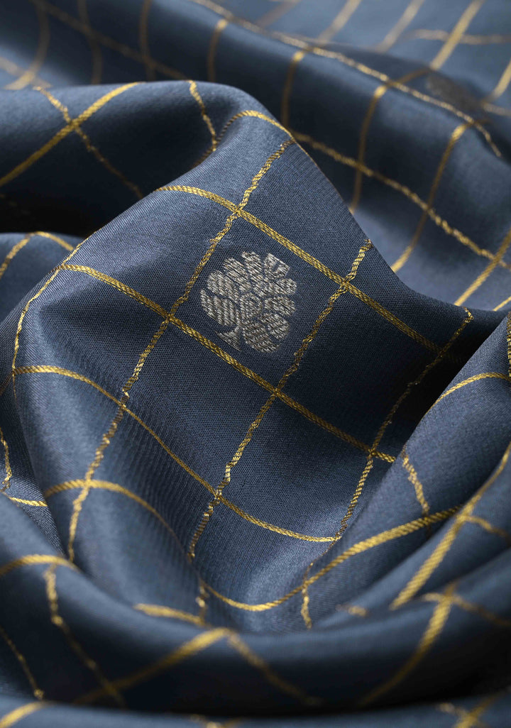 Blue-Gray Zari Checks on Pure Mysore Silk saree Floral Zari Motifs And Podi Kattam Border in KSIC Grade Thickness | SILK MARK CERTIFIED