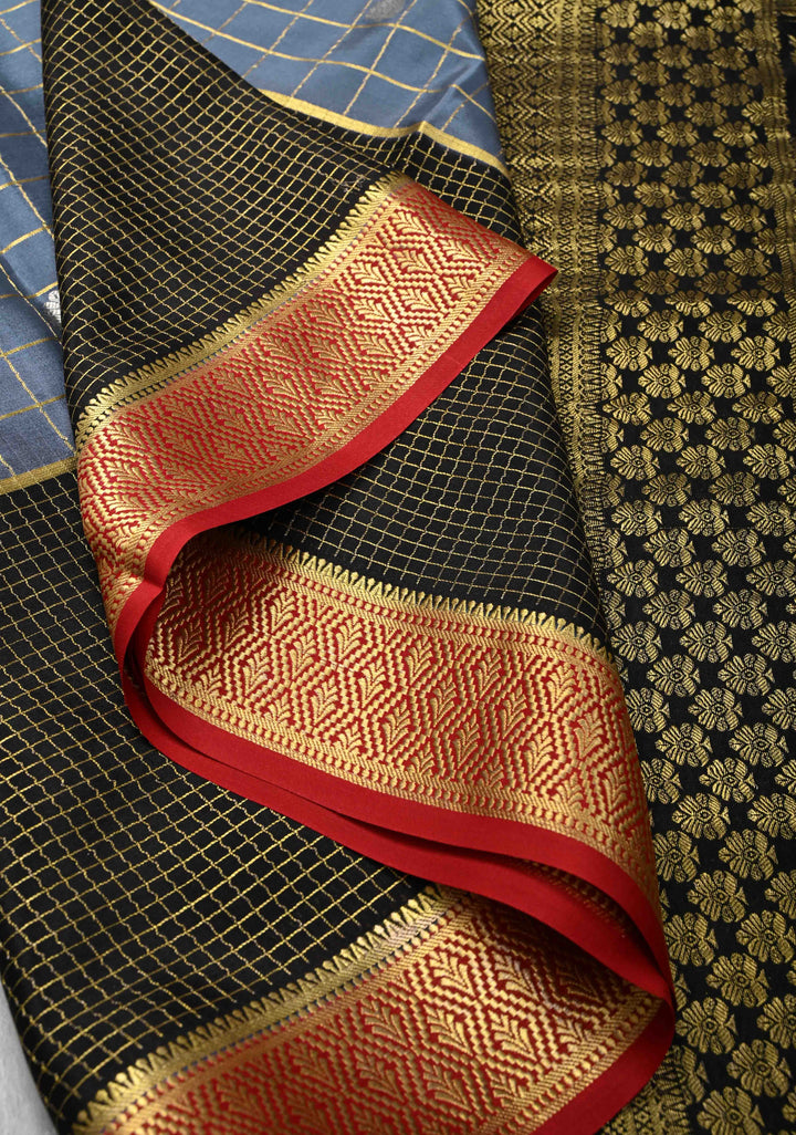 Blue-Gray Zari Checks on Pure Mysore Silk saree Floral Zari Motifs And Podi Kattam Border in KSIC Grade Thickness | SILK MARK CERTIFIED