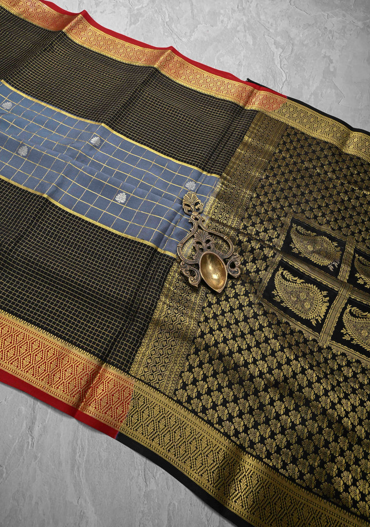 Blue-Gray Zari Checks on Pure Mysore Silk saree Floral Zari Motifs And Podi Kattam Border in KSIC Grade Thickness | SILK MARK CERTIFIED