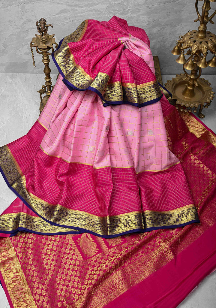 Baby Pink Zari Checks on Pure Mysore Silk saree Floral Zari Motifs And Podi Kattam Border in KSIC Grade Thickness | SILK MARK CERTIFIED