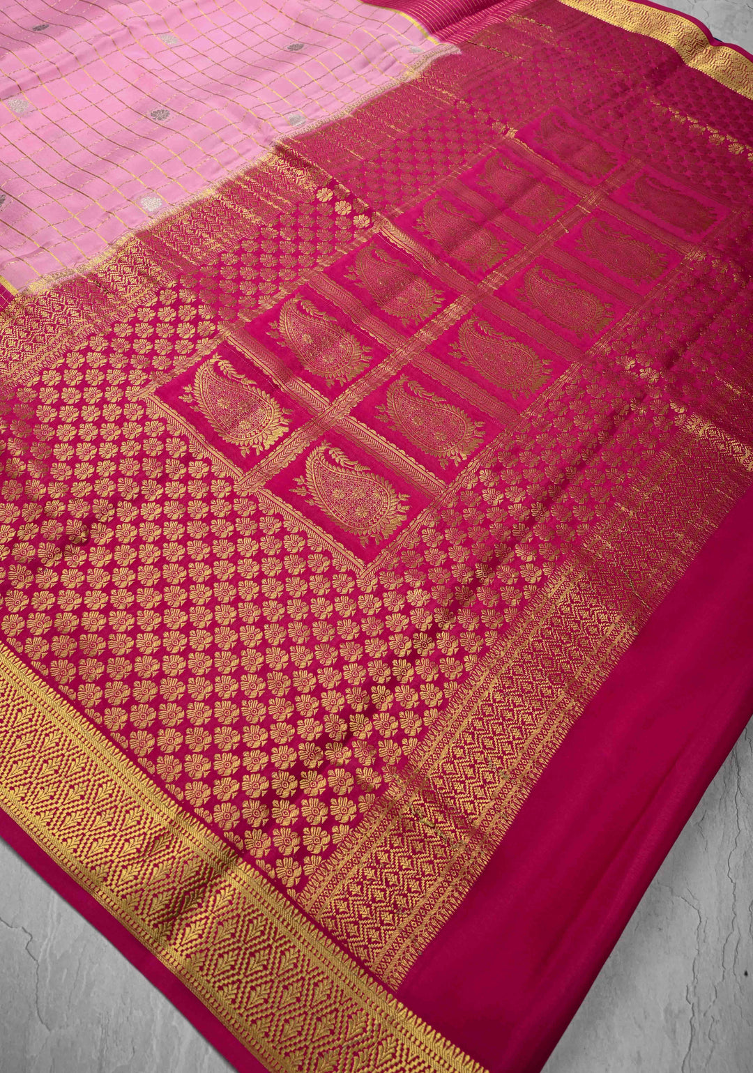 Baby Pink Zari Checks on Pure Mysore Silk saree Floral Zari Motifs And Podi Kattam Border in KSIC Grade Thickness | SILK MARK CERTIFIED