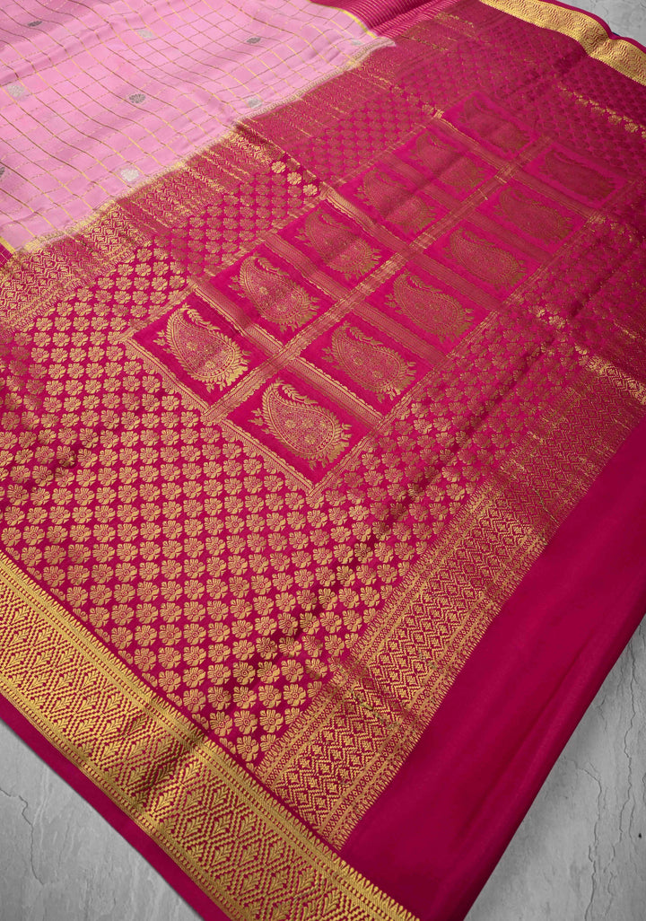 Baby Pink Zari Checks on Pure Mysore Silk saree Floral Zari Motifs And Podi Kattam Border in KSIC Grade Thickness | SILK MARK CERTIFIED
