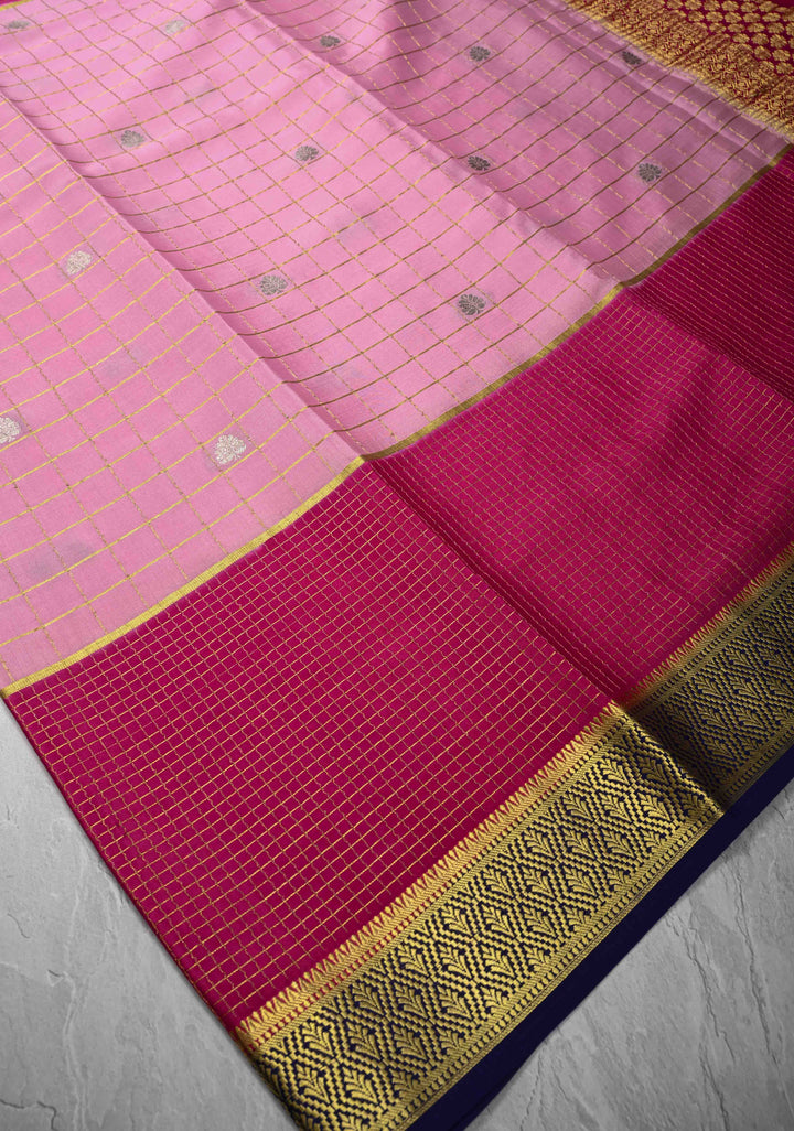 Baby Pink Zari Checks on Pure Mysore Silk saree Floral Zari Motifs And Podi Kattam Border in KSIC Grade Thickness | SILK MARK CERTIFIED