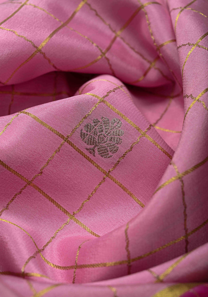 Baby Pink Zari Checks on Pure Mysore Silk saree Floral Zari Motifs And Podi Kattam Border in KSIC Grade Thickness | SILK MARK CERTIFIED
