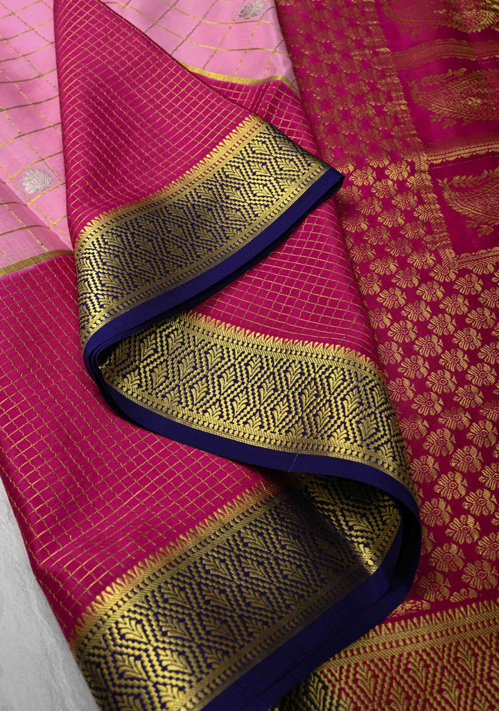 Baby Pink Zari Checks on Pure Mysore Silk saree Floral Zari Motifs And Podi Kattam Border in KSIC Grade Thickness | SILK MARK CERTIFIED