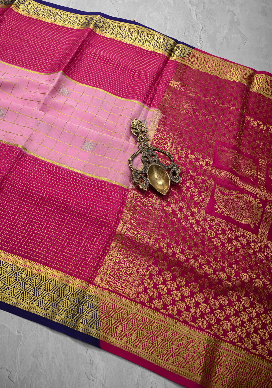 Baby Pink Zari Checks on Pure Mysore Silk saree Floral Zari Motifs And Podi Kattam Border in KSIC Grade Thickness | SILK MARK CERTIFIED