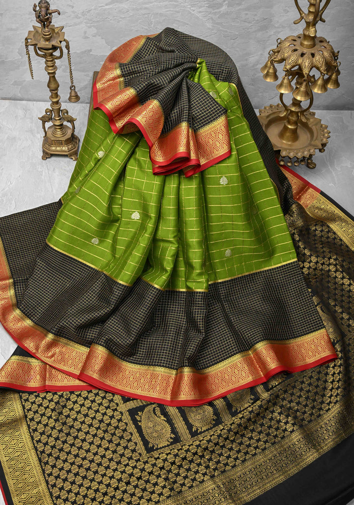 Avocado green Zari Checks on Pure Mysore Silk saree with Zari Motifs And Podi Kattam Border in KSIC Grade Thickness | SILK MARK CERTIFIED