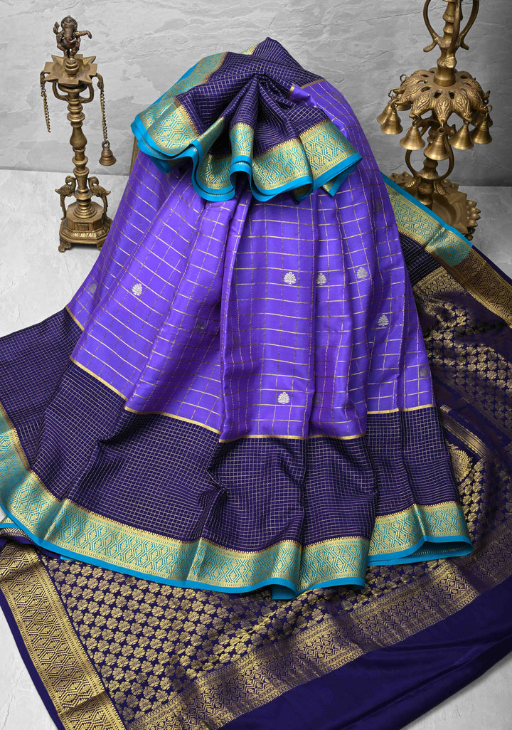 Purple Zari Checks on Pure Mysore Silk saree with Zari Motifs and Podi Kattam Border in KSIC Grade Thickness | SILK MARK CERTIFIED