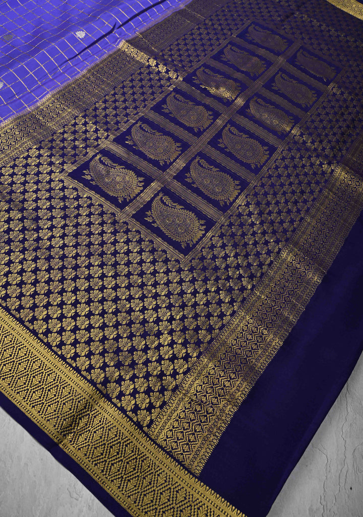 Purple Zari Checks on Pure Mysore Silk saree with Zari Motifs and Podi Kattam Border in KSIC Grade Thickness | SILK MARK CERTIFIED