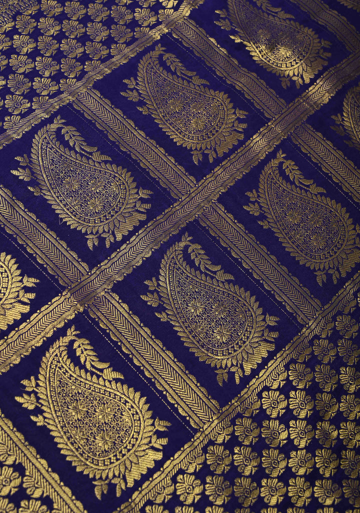 Purple Zari Checks on Pure Mysore Silk saree with Zari Motifs and Podi Kattam Border in KSIC Grade Thickness | SILK MARK CERTIFIED