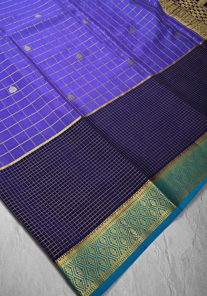 Purple Zari Checks on Pure Mysore Silk saree with Zari Motifs and Podi Kattam Border in KSIC Grade Thickness | SILK MARK CERTIFIED