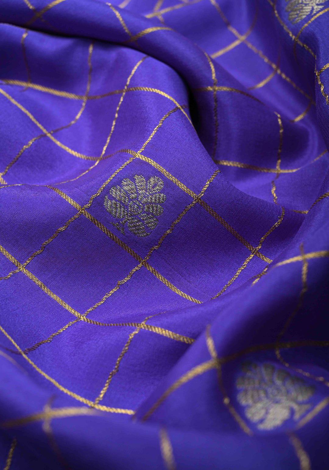 Purple Zari Checks on Pure Mysore Silk saree with Zari Motifs and Podi Kattam Border in KSIC Grade Thickness | SILK MARK CERTIFIED