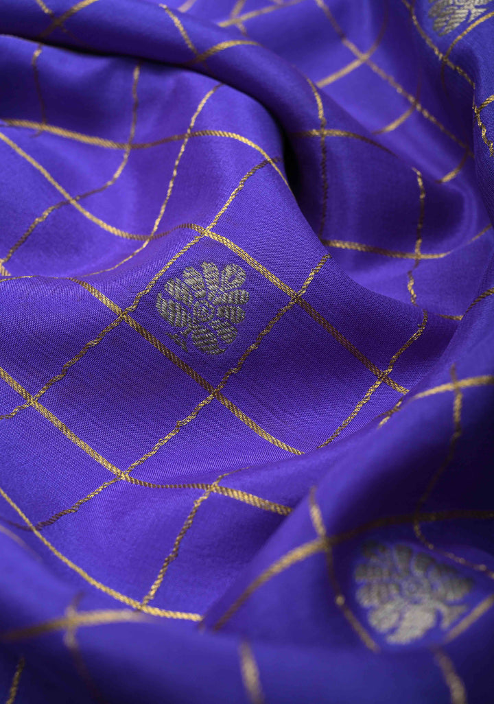 Purple Zari Checks on Pure Mysore Silk saree with Zari Motifs and Podi Kattam Border in KSIC Grade Thickness | SILK MARK CERTIFIED