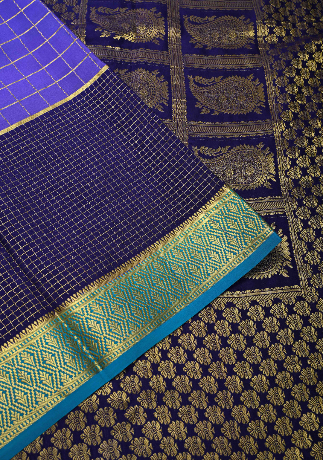 Purple Zari Checks on Pure Mysore Silk saree with Zari Motifs and Podi Kattam Border in KSIC Grade Thickness | SILK MARK CERTIFIED