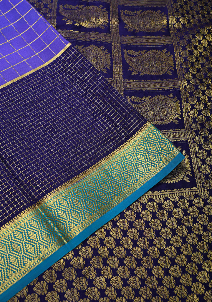 Purple Zari Checks on Pure Mysore Silk saree with Zari Motifs and Podi Kattam Border in KSIC Grade Thickness | SILK MARK CERTIFIED