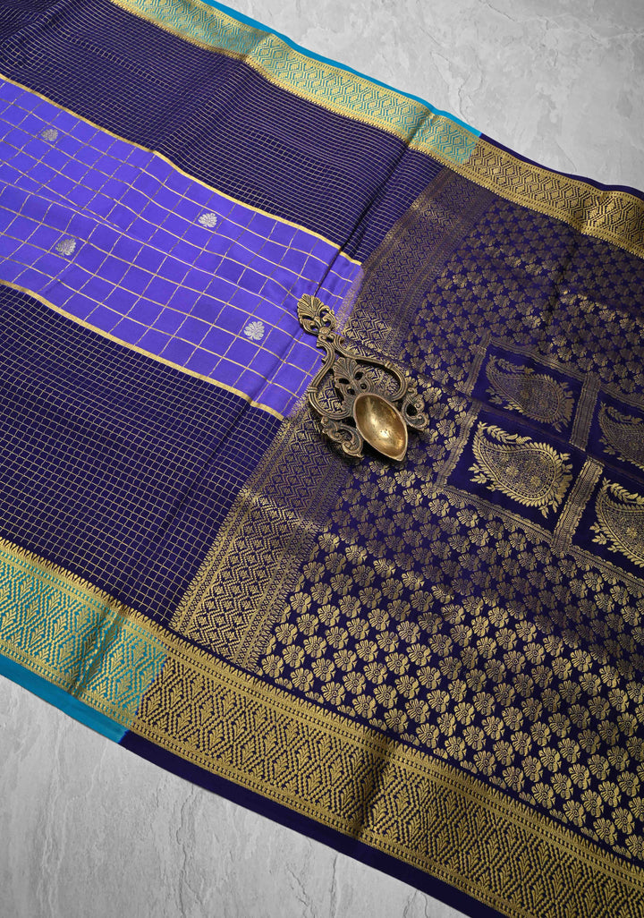 Purple Zari Checks on Pure Mysore Silk saree with Zari Motifs and Podi Kattam Border in KSIC Grade Thickness | SILK MARK CERTIFIED