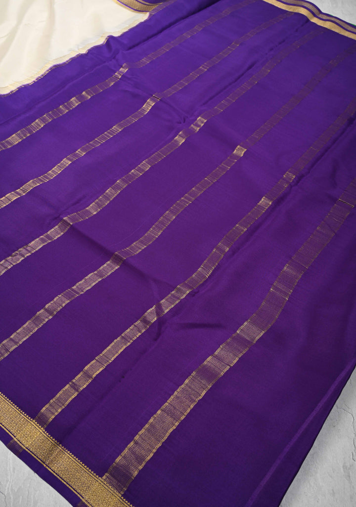 Ivory Mysore Silk Saree with Green Panel and Zari Border in KSIC Grade Thickness | SILK MARK CERTIFIED