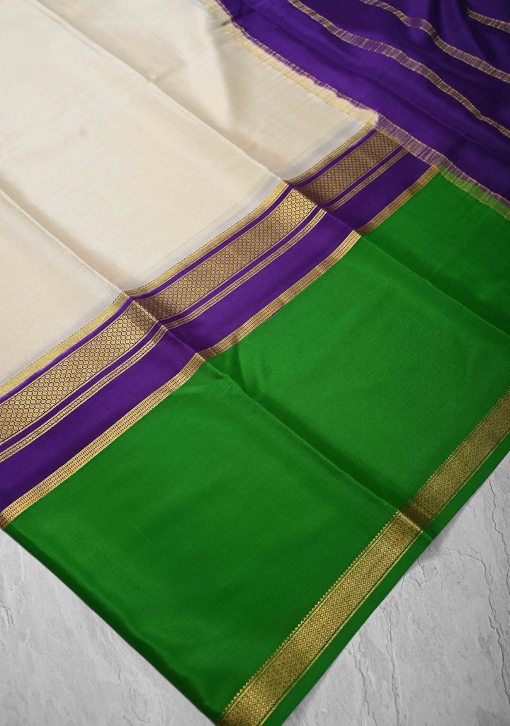 Ivory Mysore Silk Saree with Green Panel and Zari Border in KSIC Grade Thickness | SILK MARK CERTIFIED