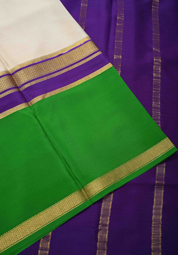 Ivory Mysore Silk Saree with Green Panel and Zari Border in KSIC Grade Thickness | SILK MARK CERTIFIED