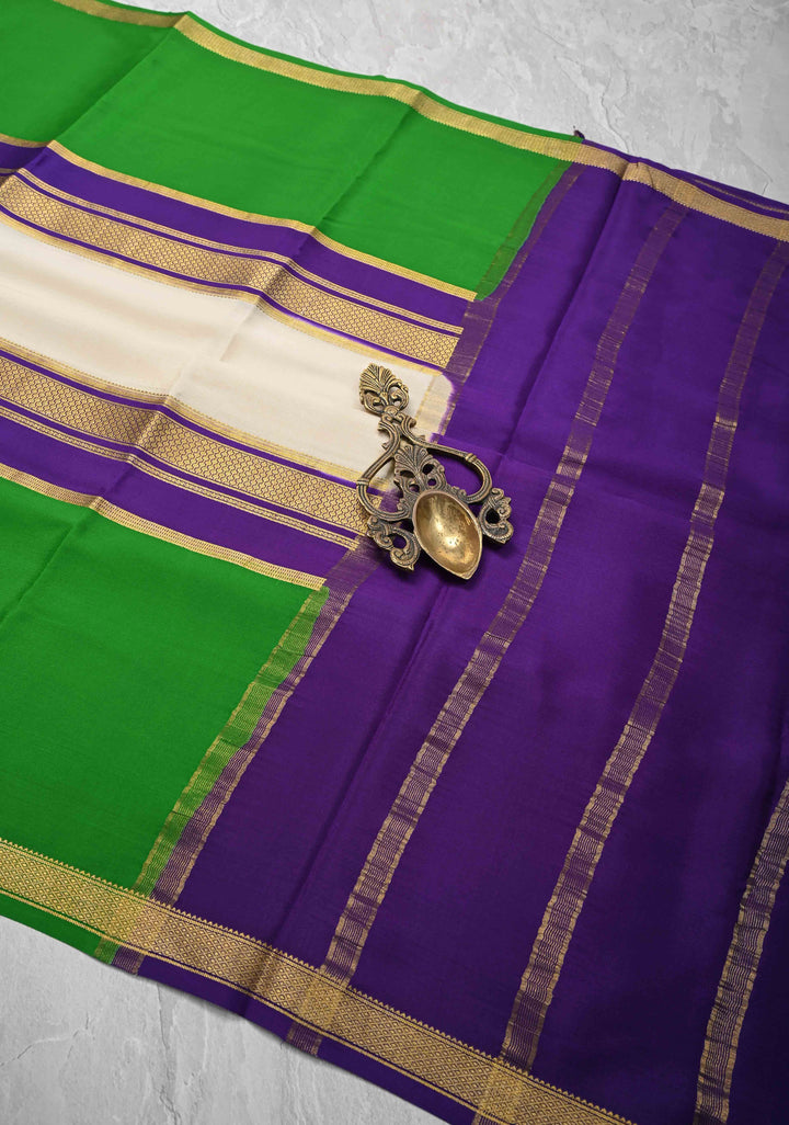 Ivory Mysore Silk Saree with Green Panel and Zari Border in KSIC Grade Thickness | SILK MARK CERTIFIED