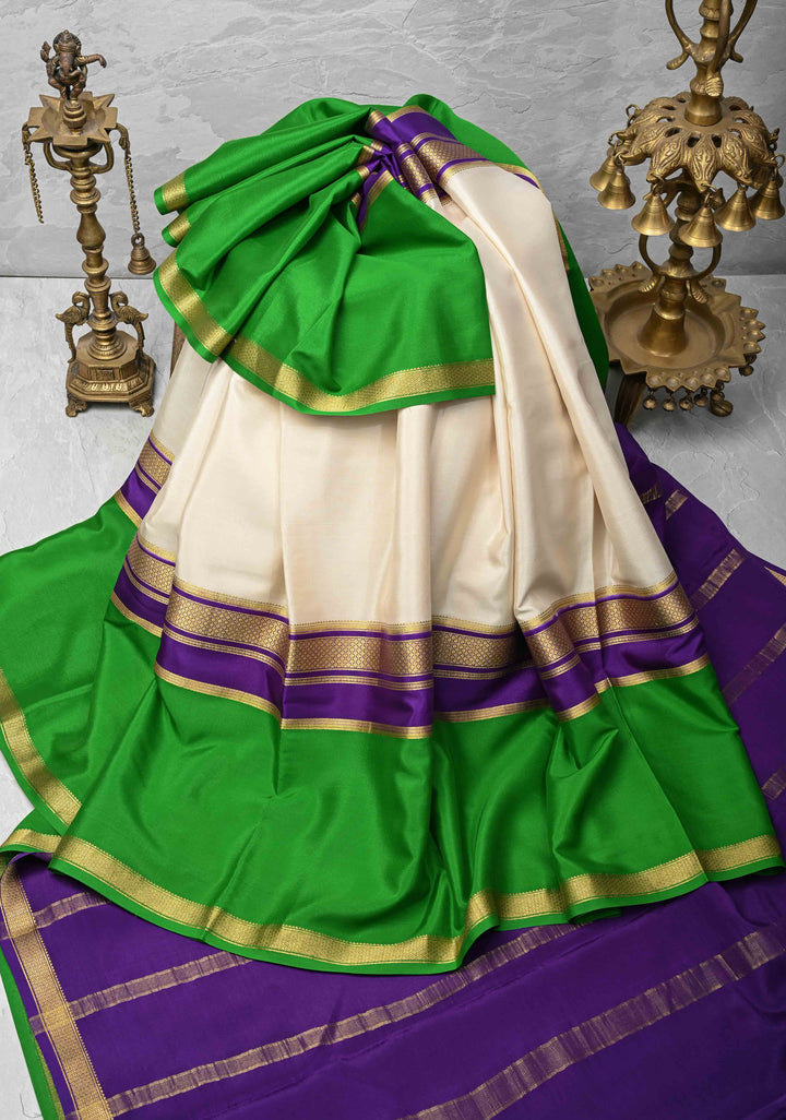 Ivory Mysore Silk Saree with Green Panel and Zari Border in KSIC Grade Thickness | SILK MARK CERTIFIED