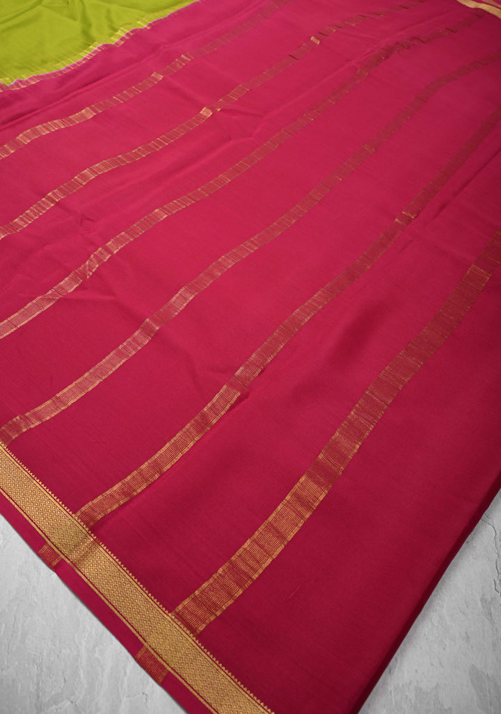 Olive Green Mysore Silk Saree with Blue Panel and Zari Border | SILK MARK CERTIFIED