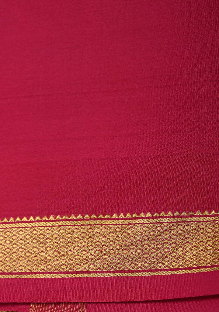 Olive Green Mysore Silk Saree with Blue Panel and Zari Border | SILK MARK CERTIFIED