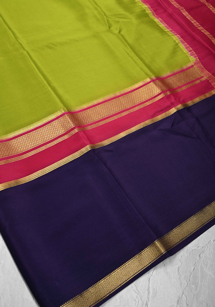 Olive Green Mysore Silk Saree with Blue Panel and Zari Border | SILK MARK CERTIFIED