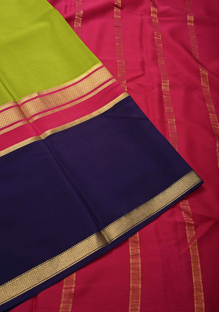 Olive Green Mysore Silk Saree with Blue Panel and Zari Border | SILK MARK CERTIFIED