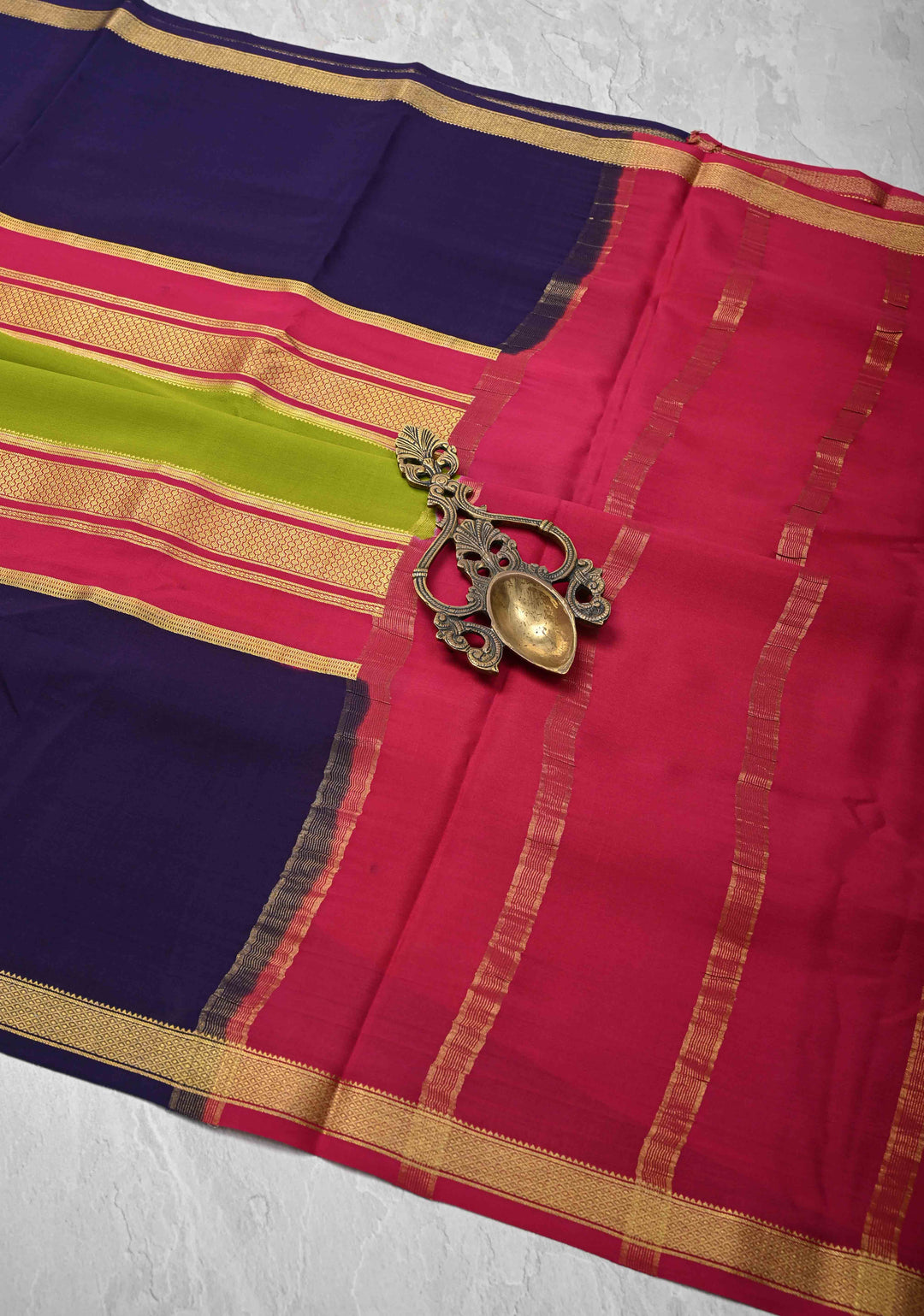 Olive Green Mysore Silk Saree with Blue Panel and Zari Border | SILK MARK CERTIFIED