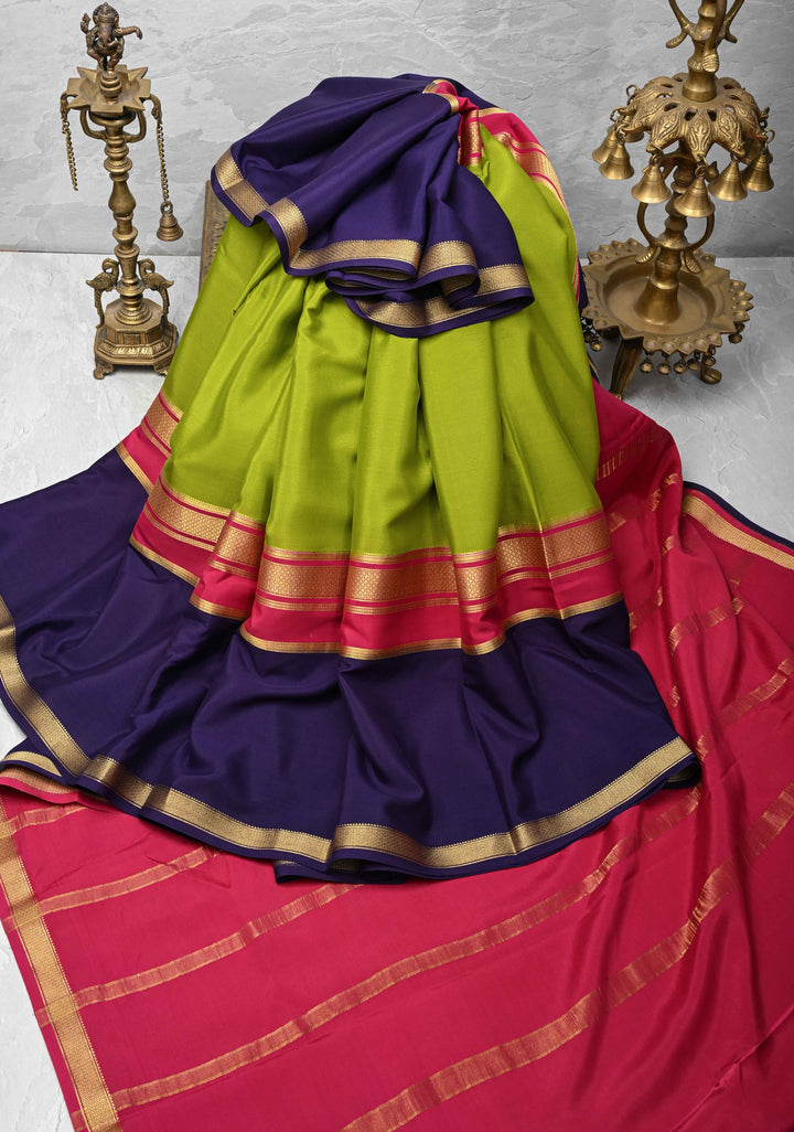 Olive Green Mysore Silk Saree with Blue Panel and Zari Border | SILK MARK CERTIFIED
