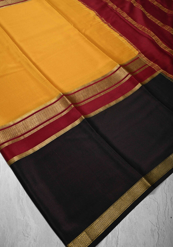 Mustard yellow Mysore Silk Saree with Contrast Panel and Zari Border in KSIC Grade Thickness | SILK MARK CERTIFIED