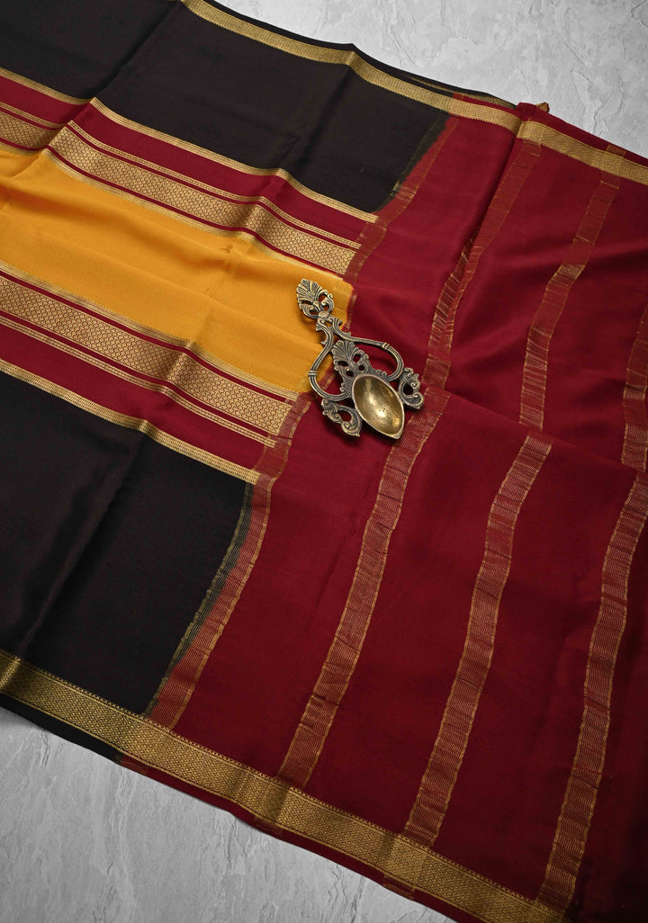 Mustard yellow Mysore Silk Saree with Contrast Panel and Zari Border in KSIC Grade Thickness | SILK MARK CERTIFIED