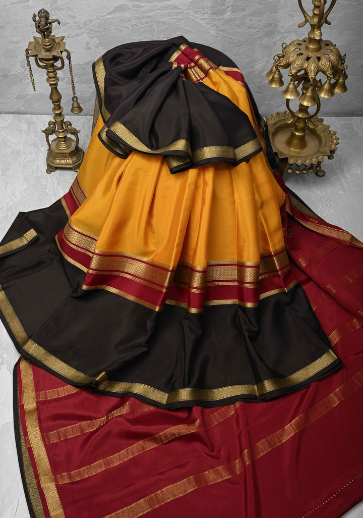 Mustard yellow Mysore Silk Saree with Contrast Panel and Zari Border in KSIC Grade Thickness | SILK MARK CERTIFIED