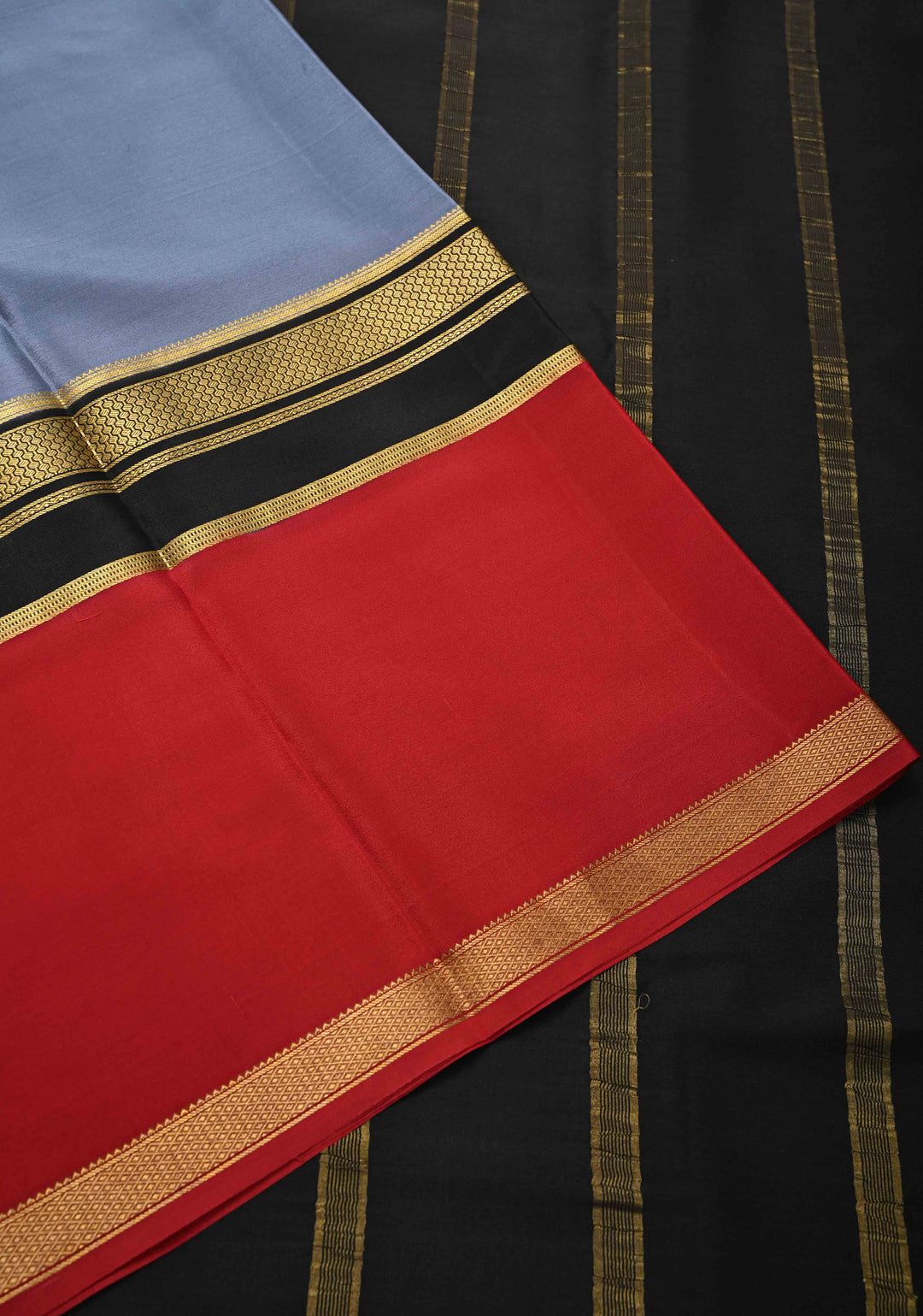 Gray Mysore Silk Saree with Maroon Panel and Zari Border | SILK MARK CERTIFIED
