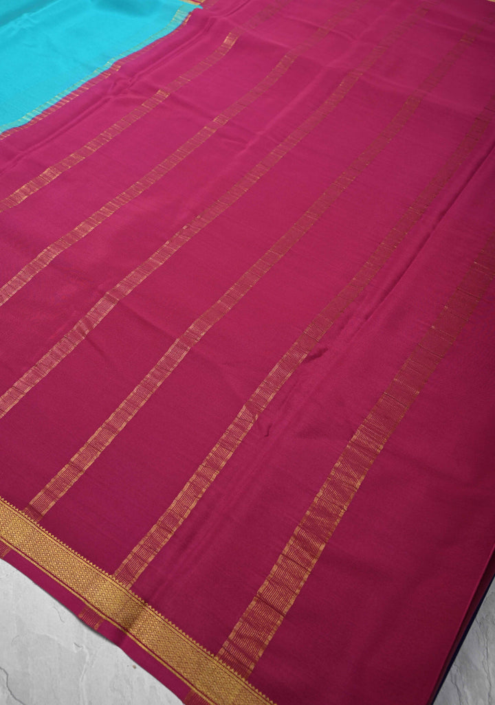 Cyan Mysore Silk Saree with Blue Panel and Zari Border in KSIC Grade Thickness | SILK MARK CERTIFIED