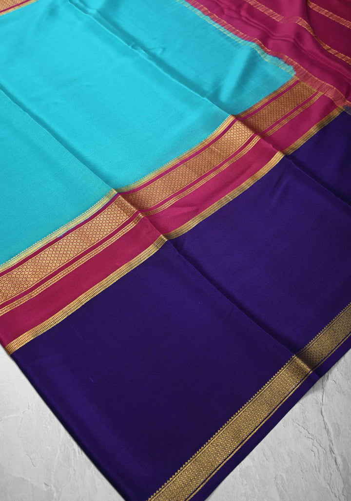 Cyan Mysore Silk Saree with Blue Panel and Zari Border in KSIC Grade Thickness | SILK MARK CERTIFIED