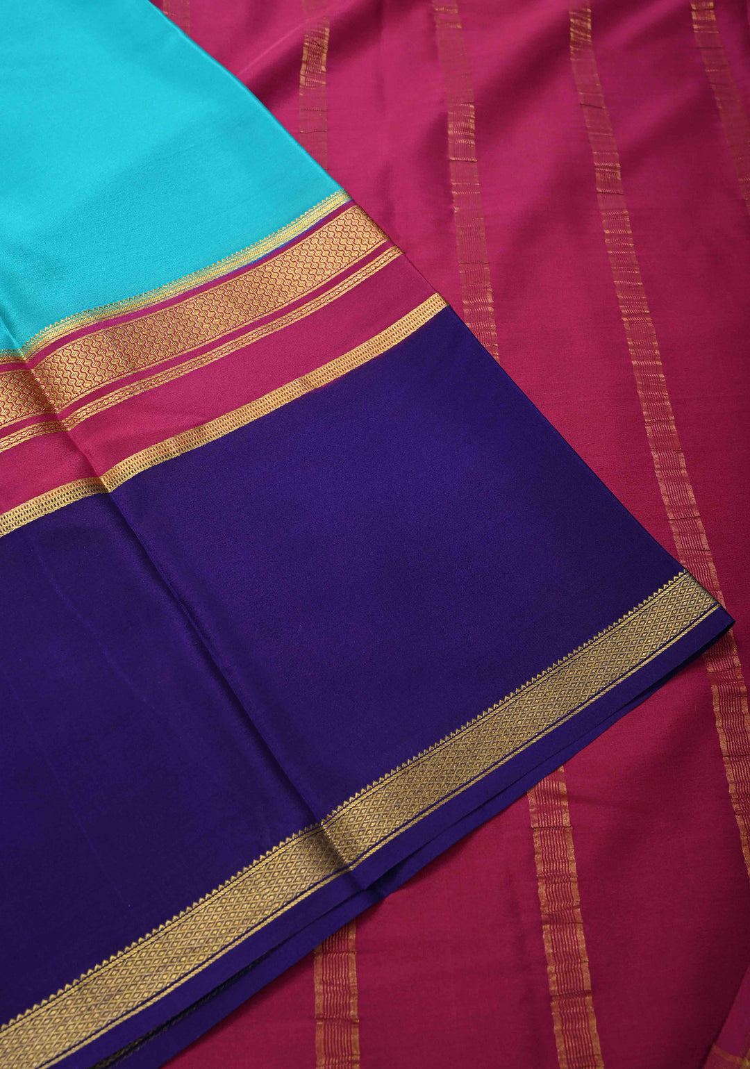 Cyan Mysore Silk Saree with Blue Panel and Zari Border in KSIC Grade Thickness | SILK MARK CERTIFIED