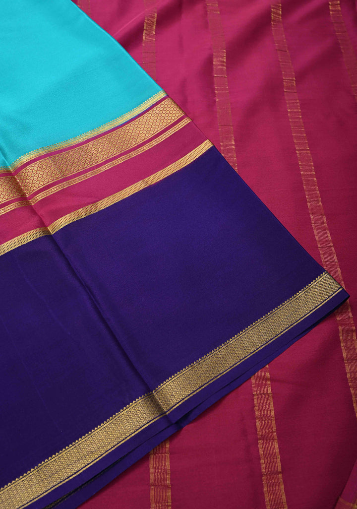 Cyan Mysore Silk Saree with Blue Panel and Zari Border in KSIC Grade Thickness | SILK MARK CERTIFIED