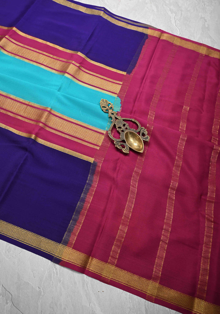 Cyan Mysore Silk Saree with Blue Panel and Zari Border in KSIC Grade Thickness | SILK MARK CERTIFIED