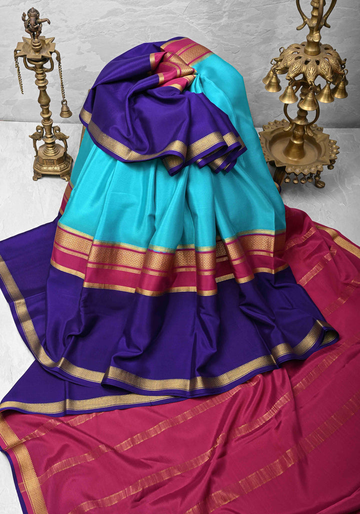 Cyan Mysore Silk Saree with Blue Panel and Zari Border in KSIC Grade Thickness | SILK MARK CERTIFIED