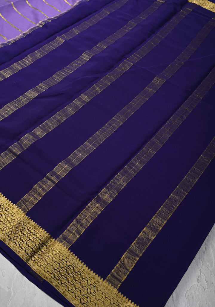 Dark Lavender Mysore Silk Saree with Horizontal Zari Stripes and Zari Border in KSIC Grade Thickness | SILK MARK CERTIFIED