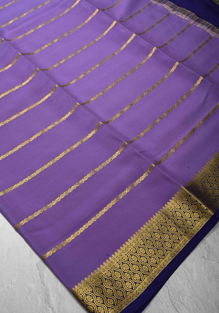 Dark Lavender Mysore Silk Saree with Horizontal Zari Stripes and Zari Border in KSIC Grade Thickness | SILK MARK CERTIFIED