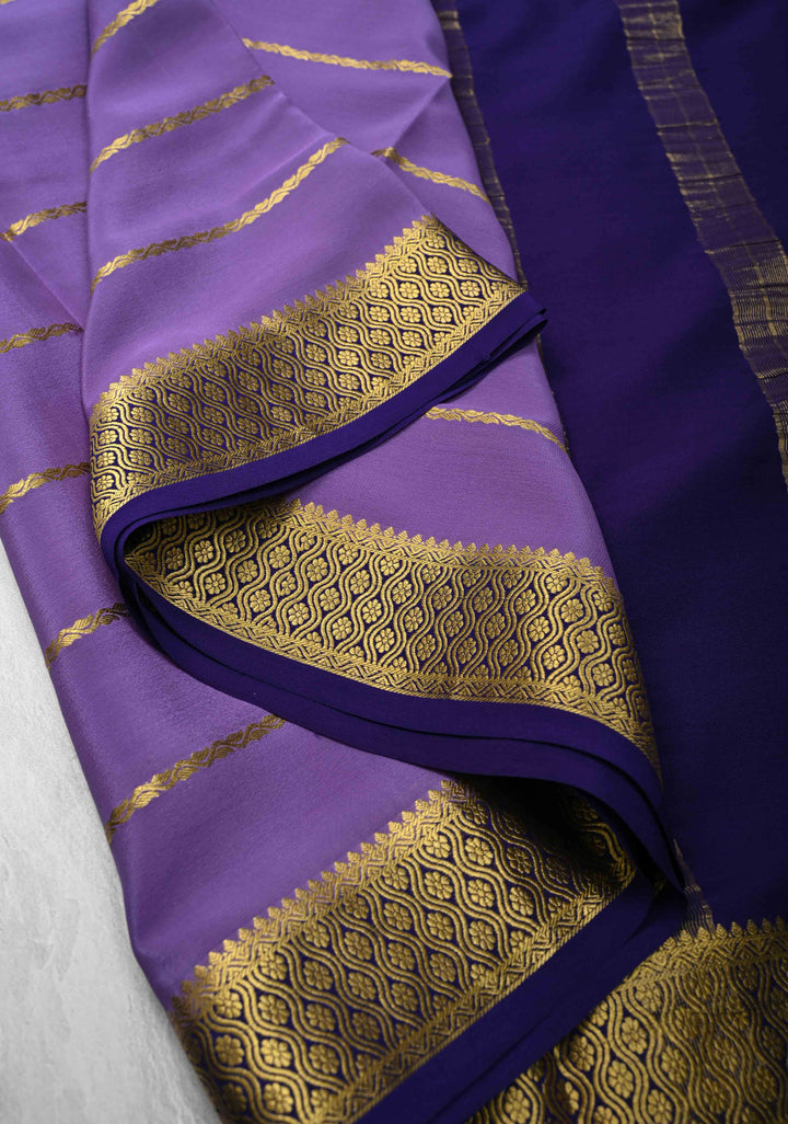 Dark Lavender Mysore Silk Saree with Horizontal Zari Stripes and Zari Border in KSIC Grade Thickness | SILK MARK CERTIFIED