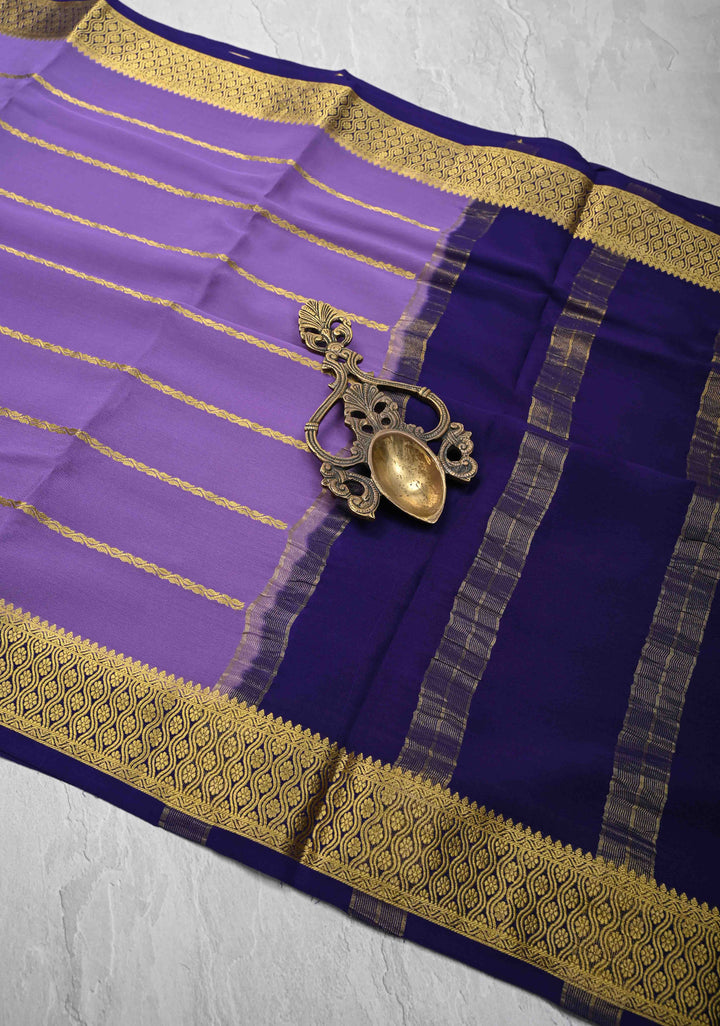 Dark Lavender Mysore Silk Saree with Horizontal Zari Stripes and Zari Border in KSIC Grade Thickness | SILK MARK CERTIFIED