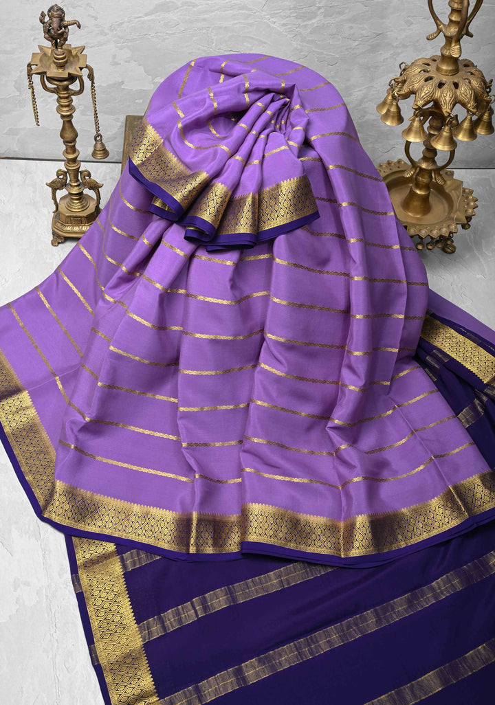 Dark Lavender Mysore Silk Saree with Horizontal Zari Stripes and Zari Border in KSIC Grade Thickness | SILK MARK CERTIFIED