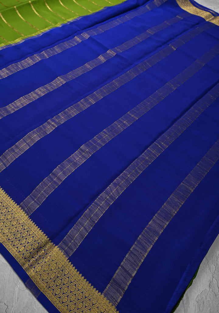 Sap Green Mysore Silk Saree with Horizontal Zari Stripes and Zari Border in KSIC Grade Thickness | SILK MARK CERTIFIED
