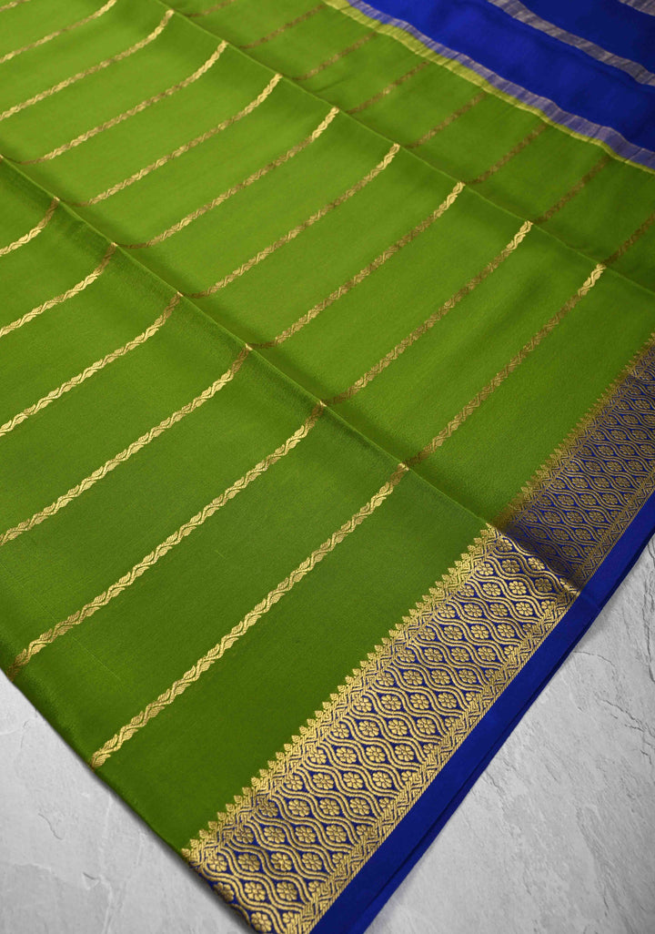 Sap Green Mysore Silk Saree with Horizontal Zari Stripes and Zari Border in KSIC Grade Thickness | SILK MARK CERTIFIED